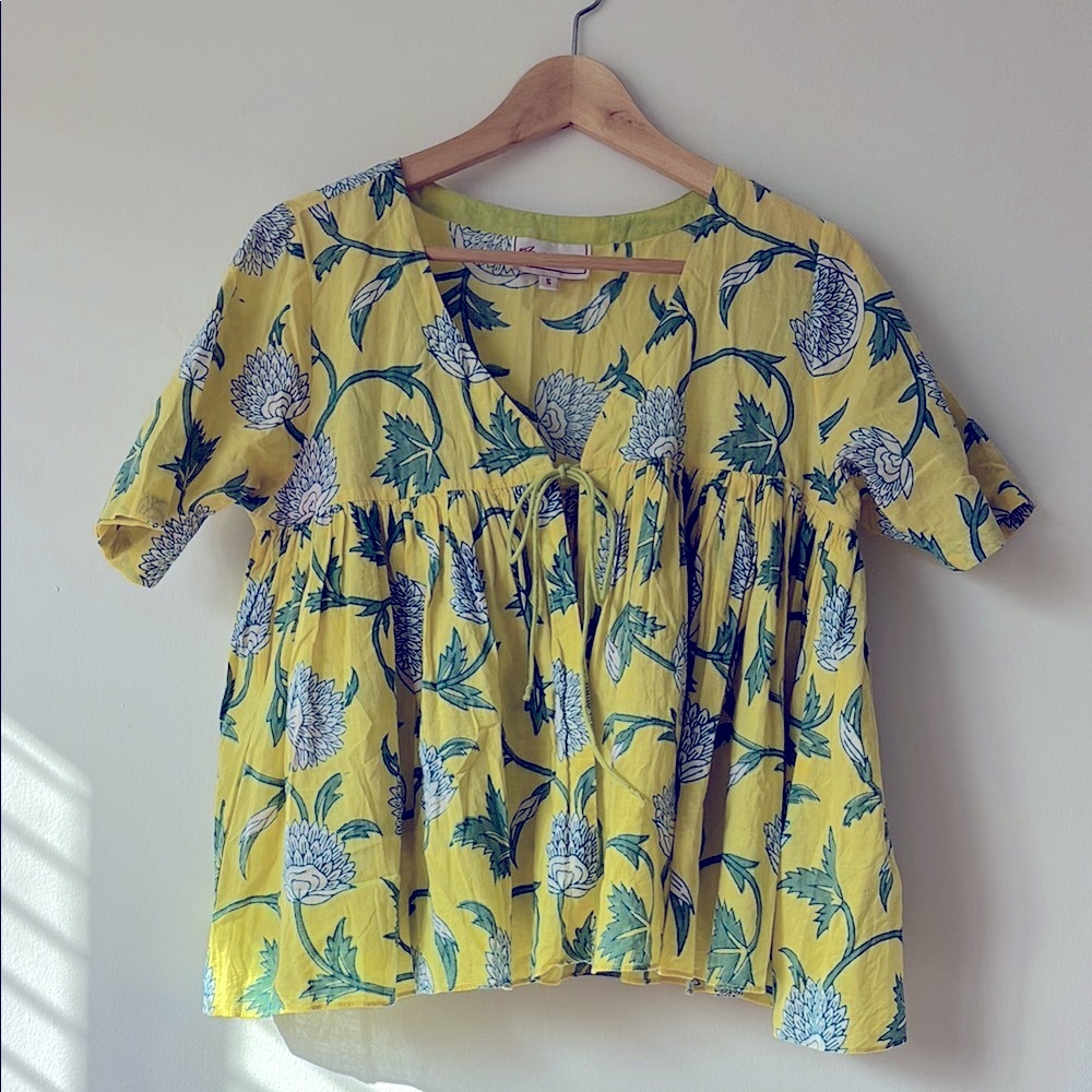 Indian Block Print Floral Tie Front Blouse